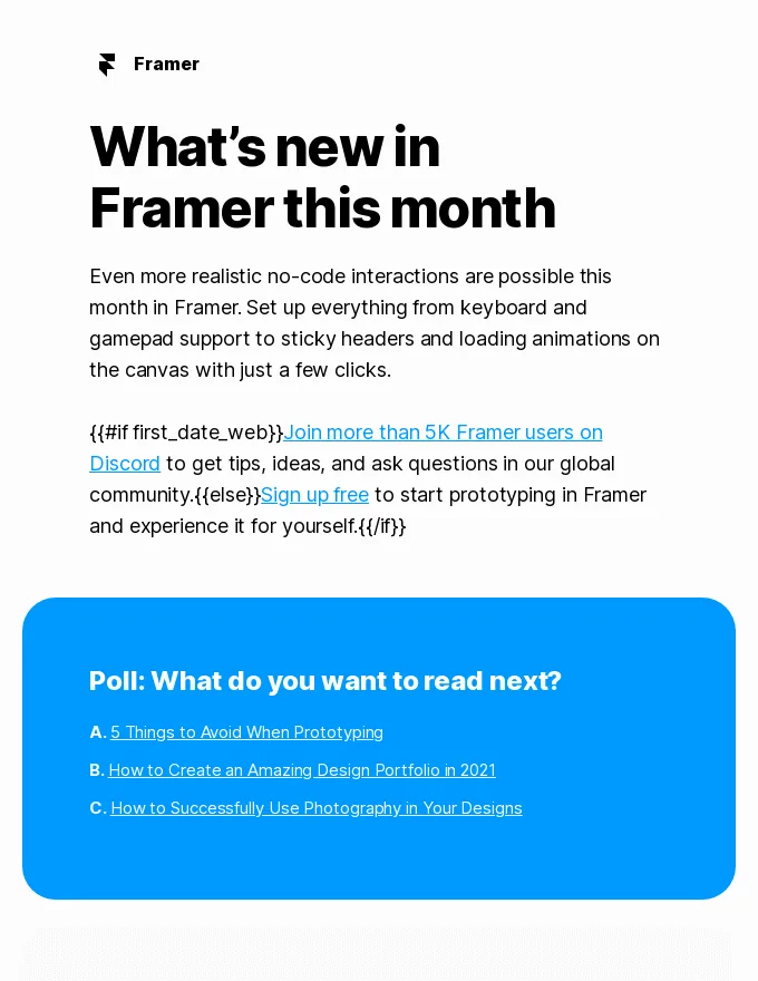 Survey email asking for content preferences by Framer