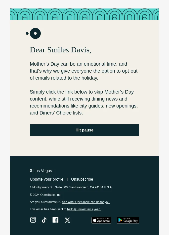 Email by OpenTable highlighting an option to unsubscribe from Mother's Day email campaigns