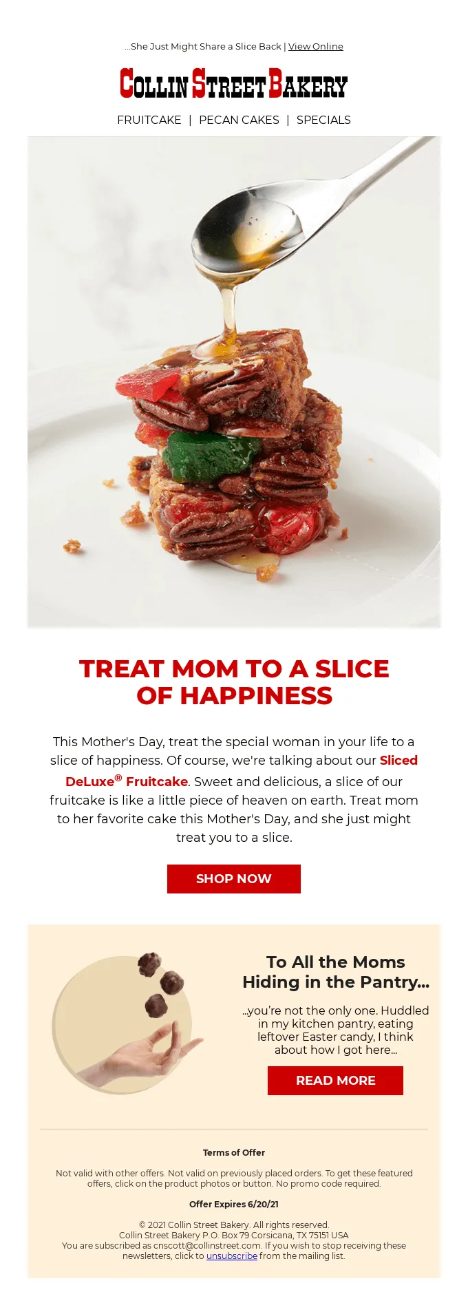 E-mail da Collin Street Bakery para o Dia das Mães, que oferece um bolo de frutas especial para a data.