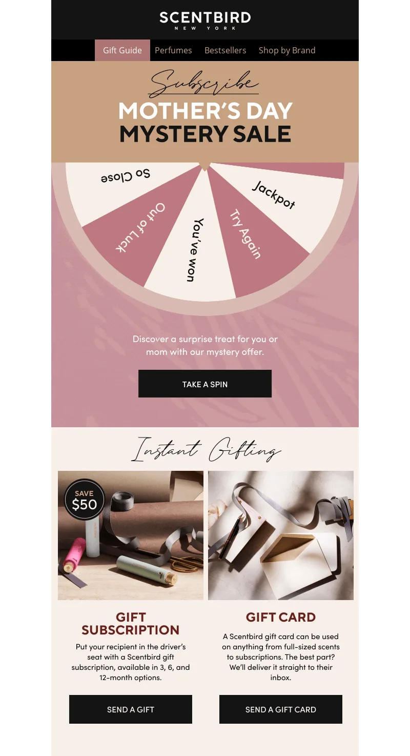 Mother's Day email example with gamification by Scentbird