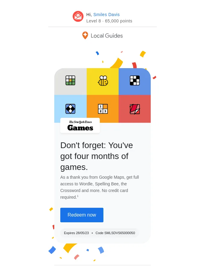 Erinnerungs-E-Mail von Google, die an 4 Monate Gaming erinnert