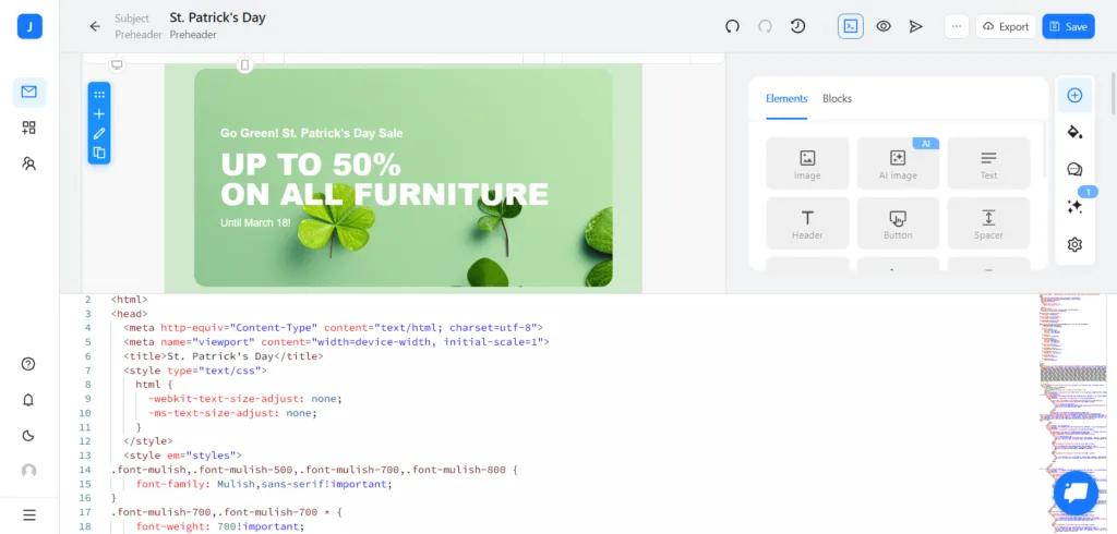 Email template in Blocks opened in code mode.