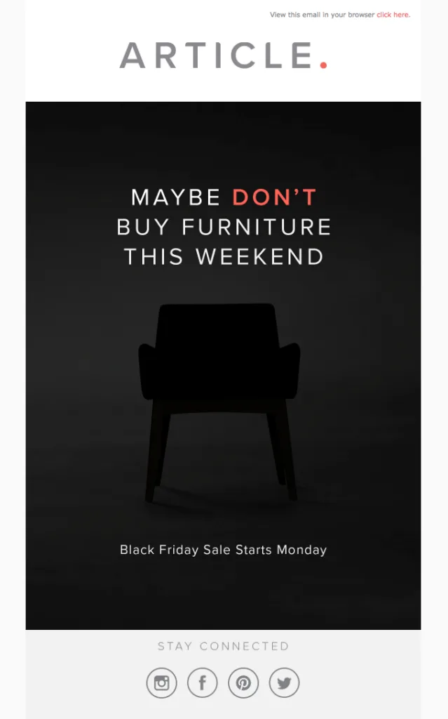 Example of the best Black Friday email by Article announcing a later sales date