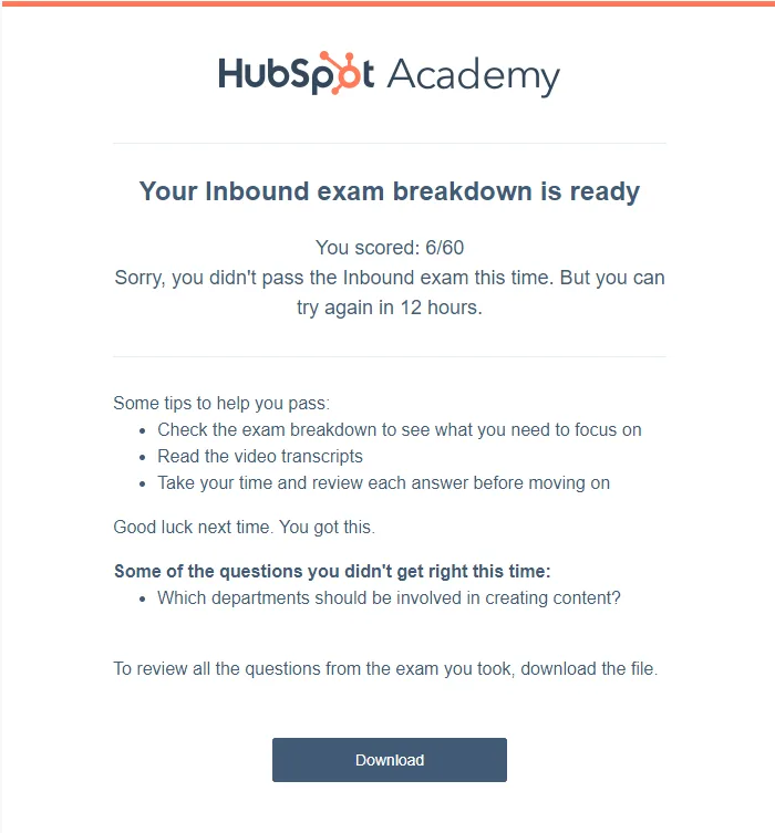 E-Mail mit den Ergebnissen der HubSpot-Zertifizierung Inbound Marketing