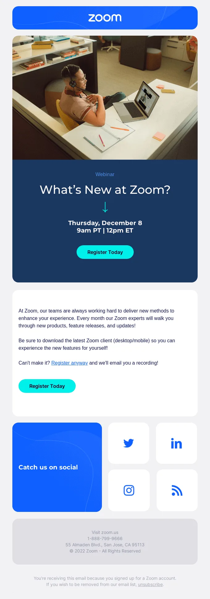 Webinar-E-Mail von Zoom über neue Funktionen des Dienstes.