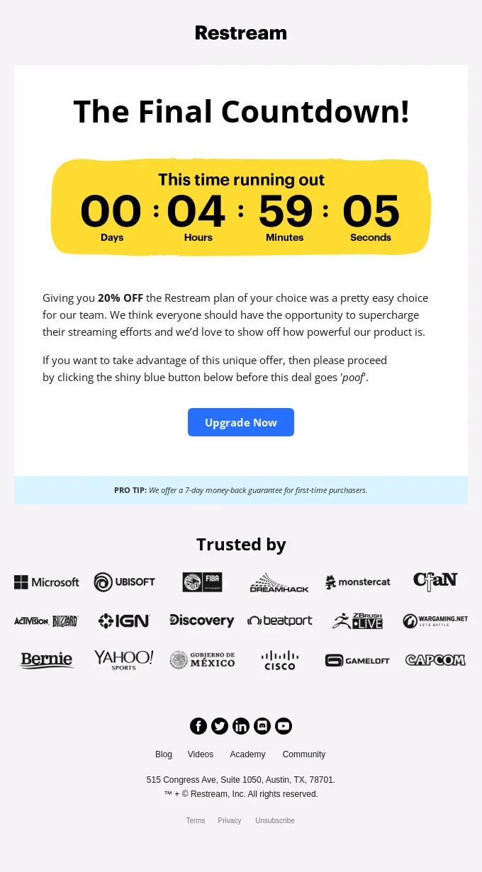 Upsell email example with a countdown timer by Restream