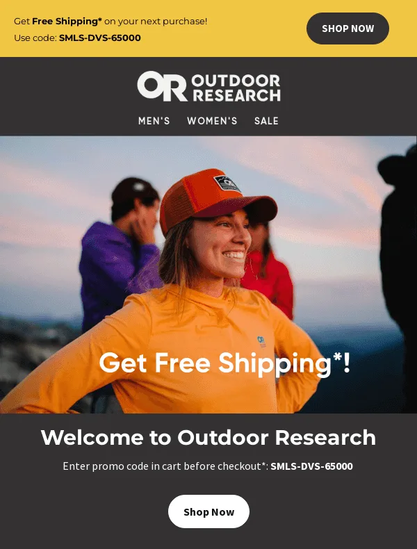 Хедер розсилки з ексклюзивним кодом на безкоштовну доставку в листі Outdoor Research