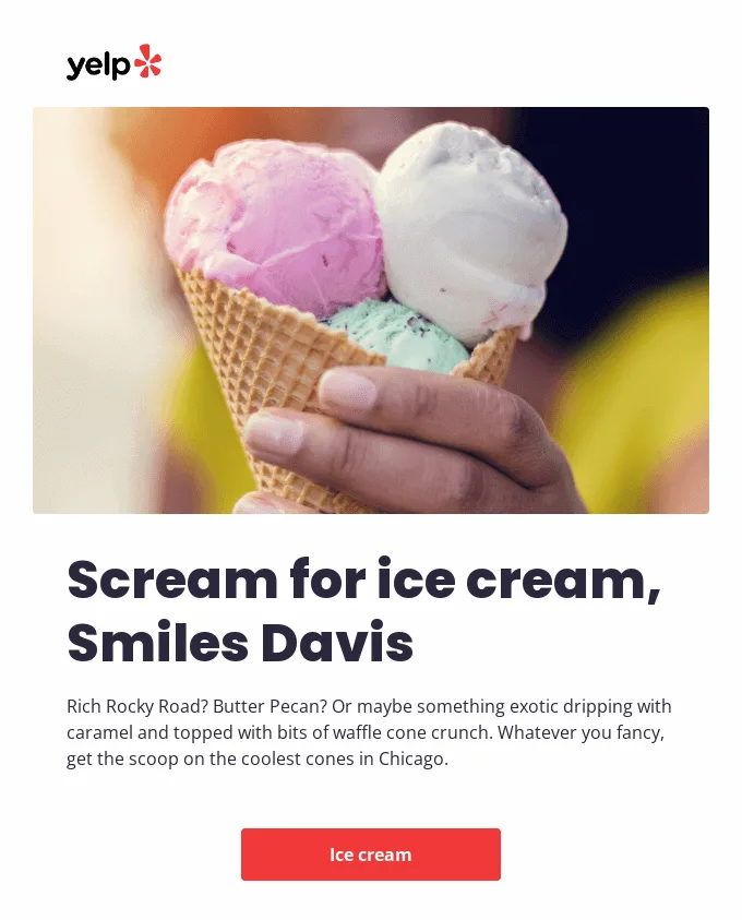 Summer email by Yelp that invites the subscriber to read an article about popular ice cream in Chicago.