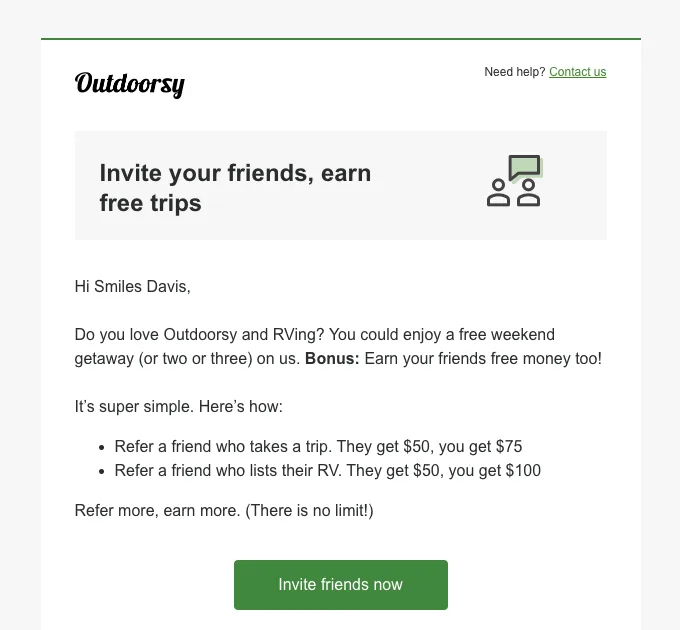 Referral email template with a personalized reward by Outdoorsy