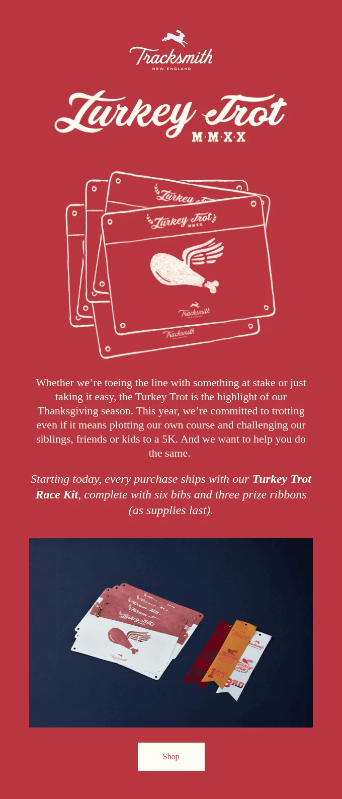 Actividades de Acción de Gracias en un email de Tracksmith