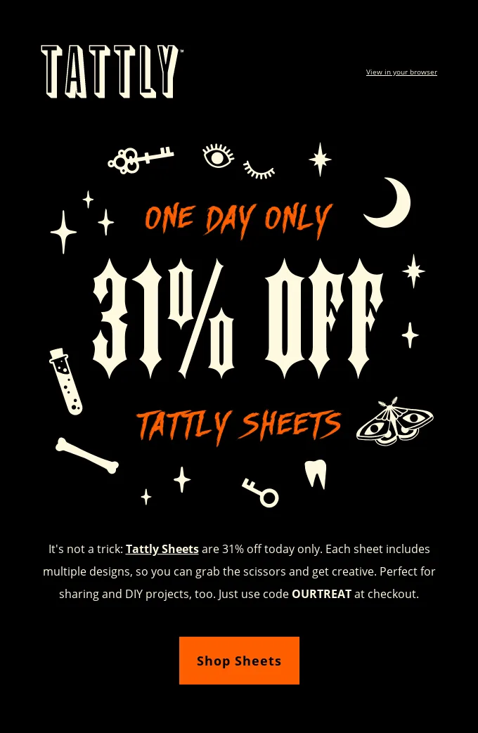 Newsletter di Halloween di Tattly con uno sconto del 31% sui set di tatuaggi temporanei