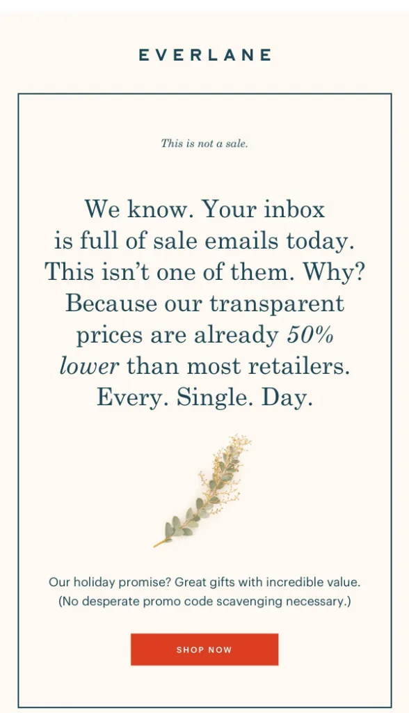 Email di Everlane che approfondisce l’affermazione dell’oggetto per il Cyber Monday