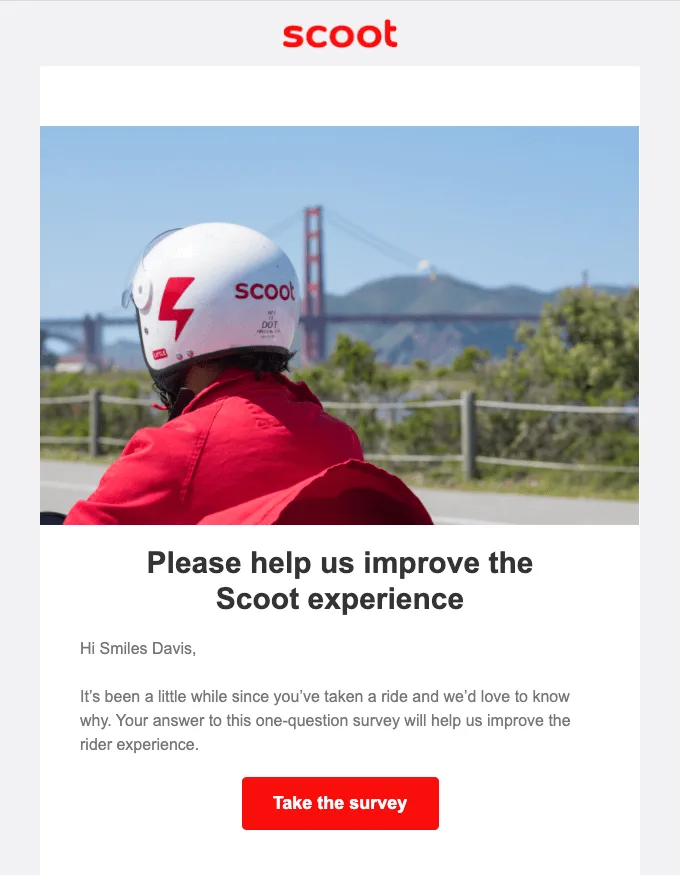 Example of a survey email for a particular segment of users by Scoot