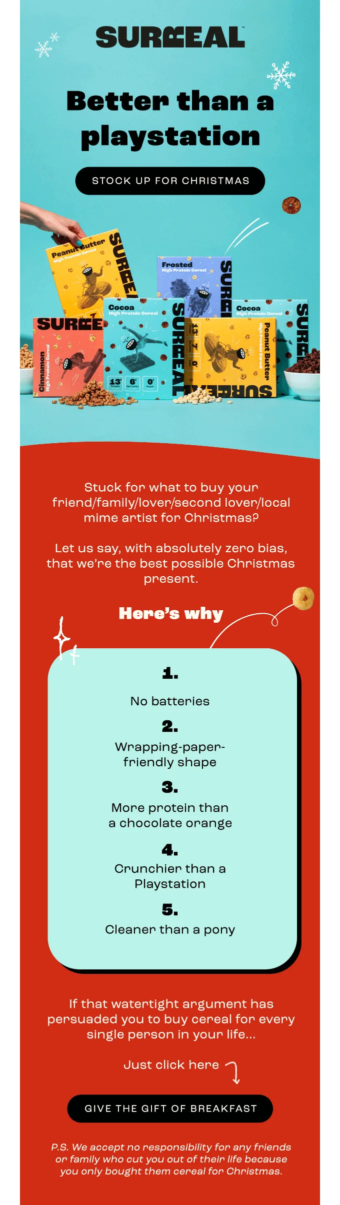 E-mail da Surreal com texto bem-humorado sobre dar cereal de presente de Natal