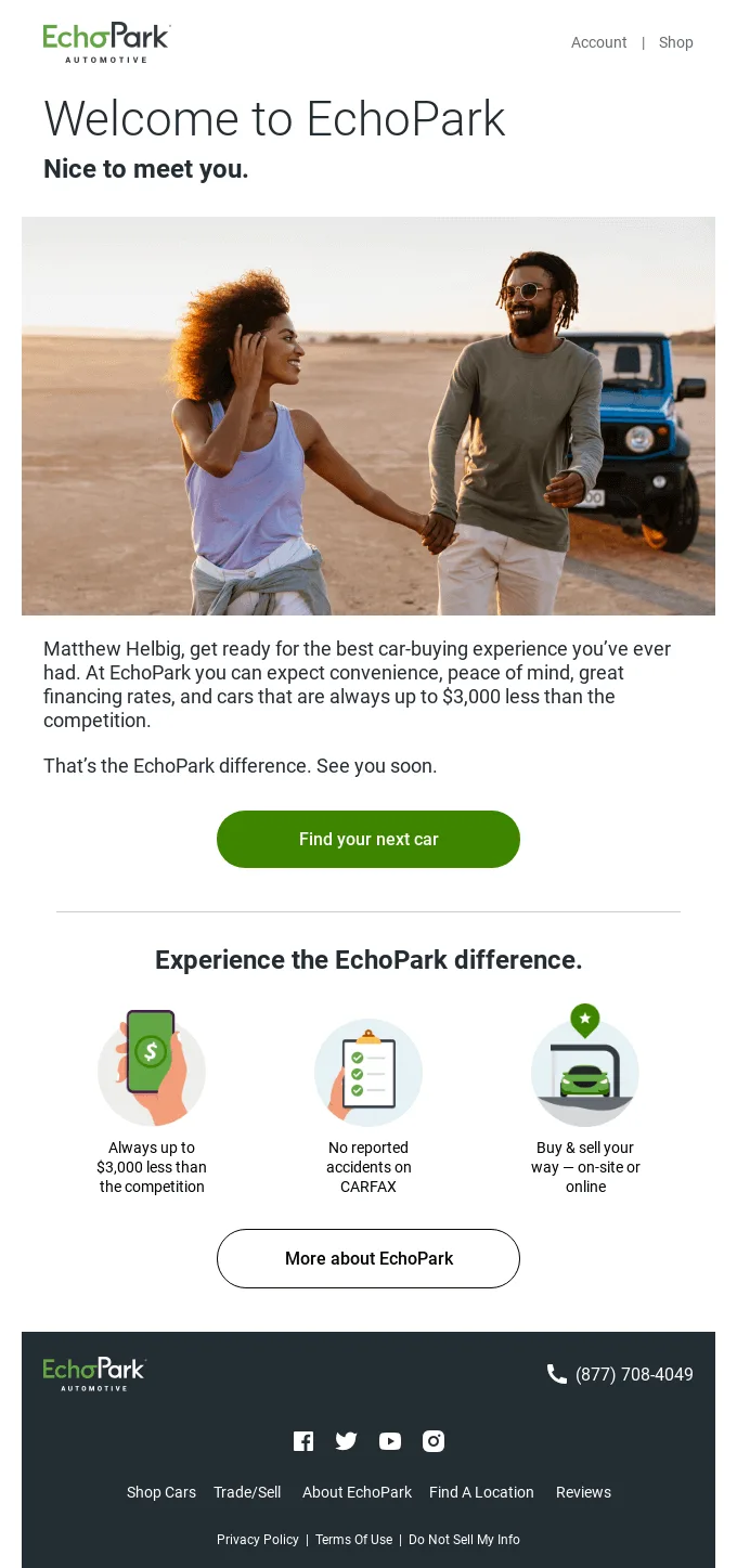 Personalisierte Willkommens-E-Mail von Echo Park