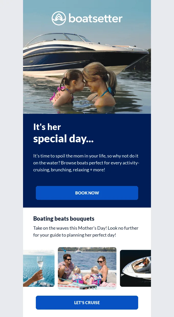 Mother's Day email example by Boatsetter offering a boating experience