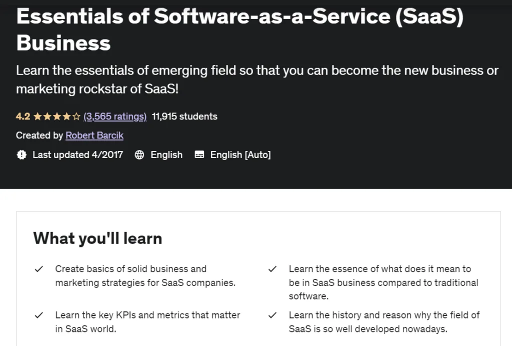 Pagina del corso Essentials of SaaS Business su Udemy
