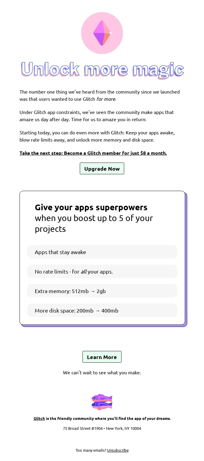 Upsell email by Glitch announcing its new top features