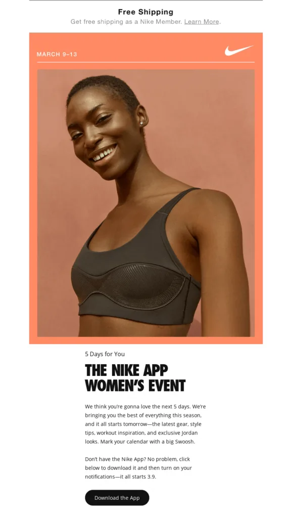 Email template with a caption: the Nike app women's event