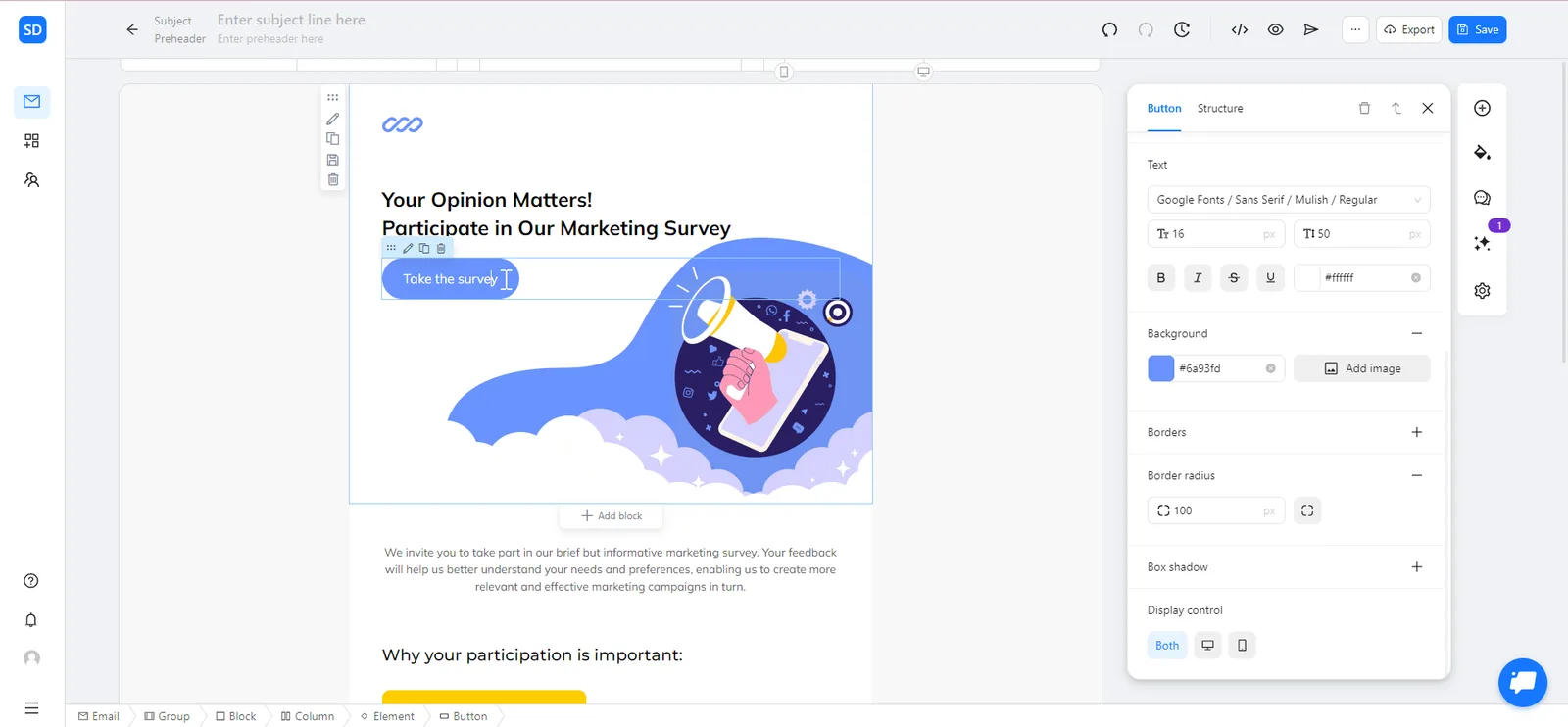 changing the style of the button in a survey email with Blocks