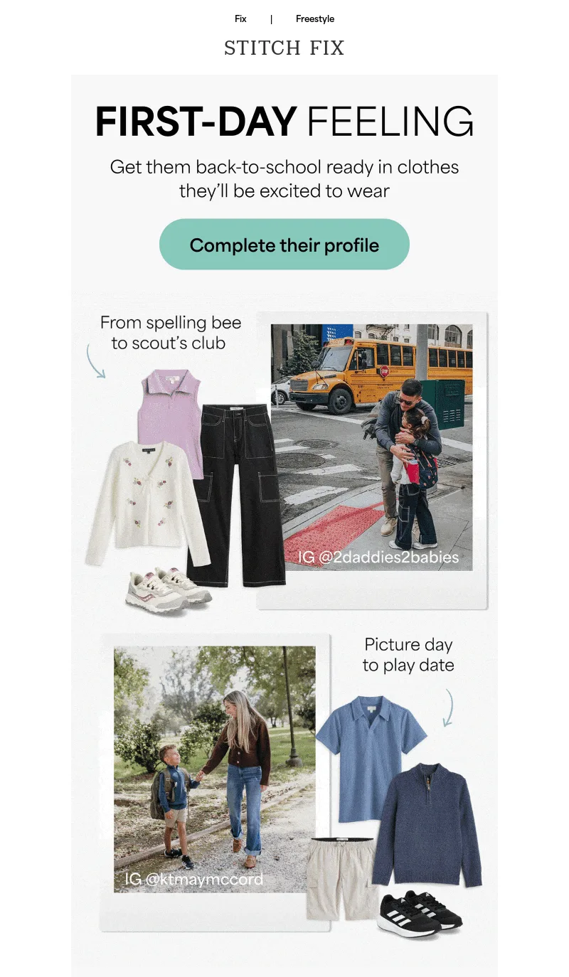 Back-to-school email by Stitch Fix that emphasizes the “First-Day Feeling” with email copy and visuals