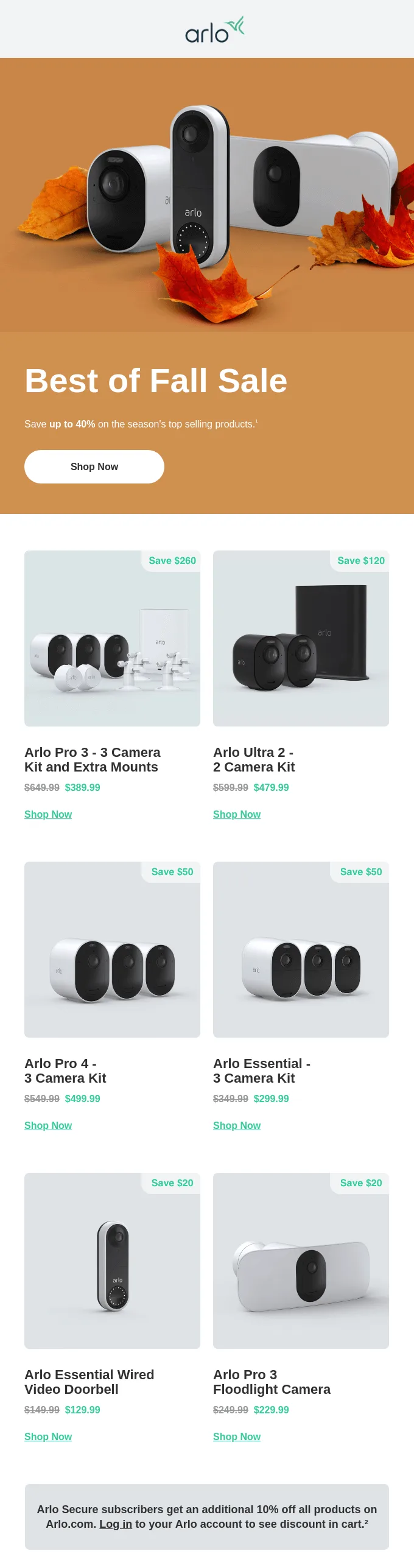 Email di Arlo Smart Home che annuncia la Best of Fall Sale.