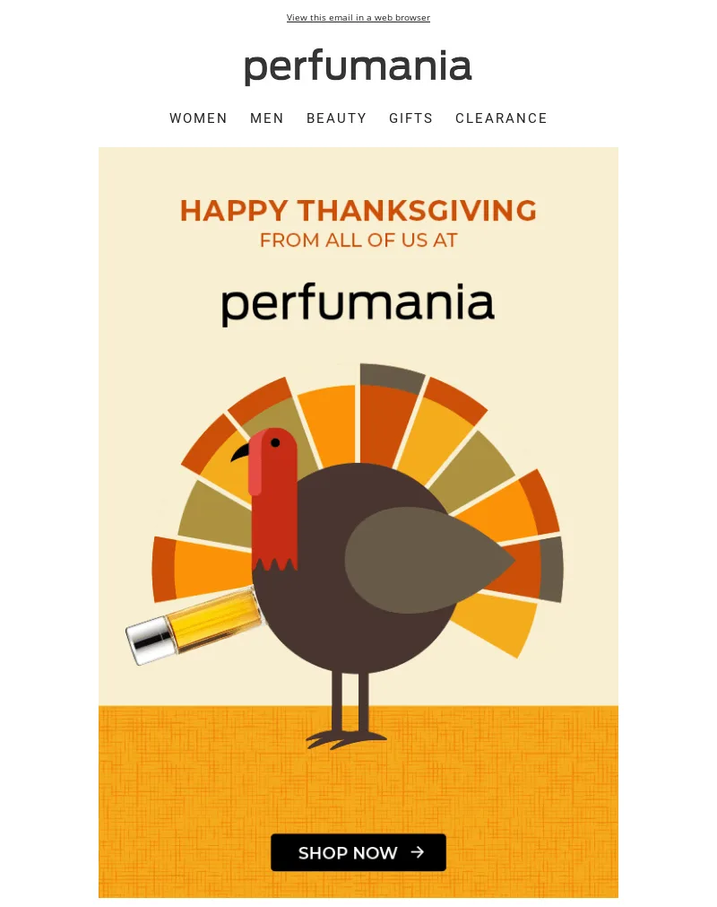 Plantilla de email de Acción de Gracias de Perfumania con una imagen estilizada de un pavo