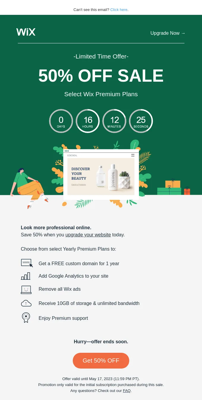 SaaS email example by Wix that features a limited promotional offer complete with countdown timer.