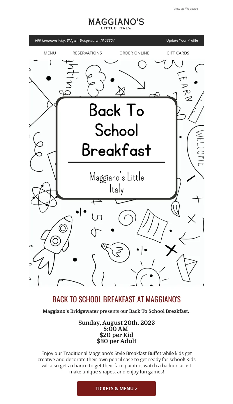 Email by Maggiano's Little Italy that invites the subscribers to a Back To School Breakfast