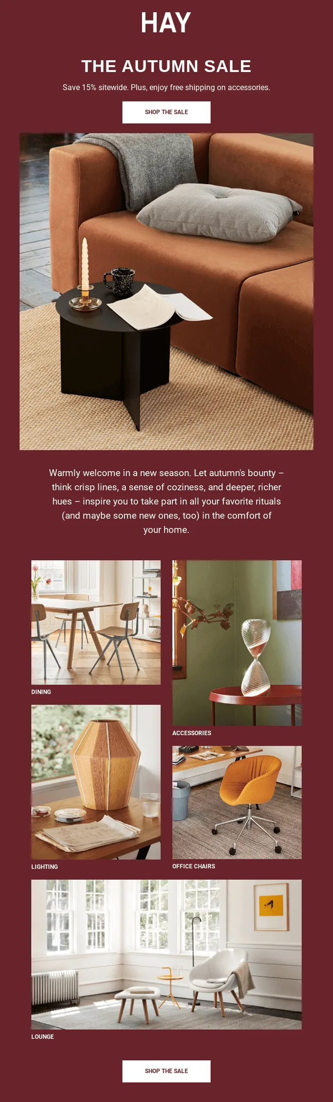 Email autunnale di HAY che annuncia l’inizio dell’Autumn Sale.