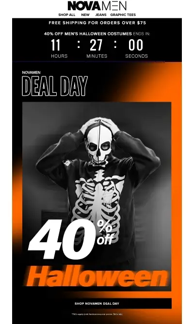 Newsletter di Halloween di Fashion Nova con un timer con conto alla rovescia per i saldi di Halloween