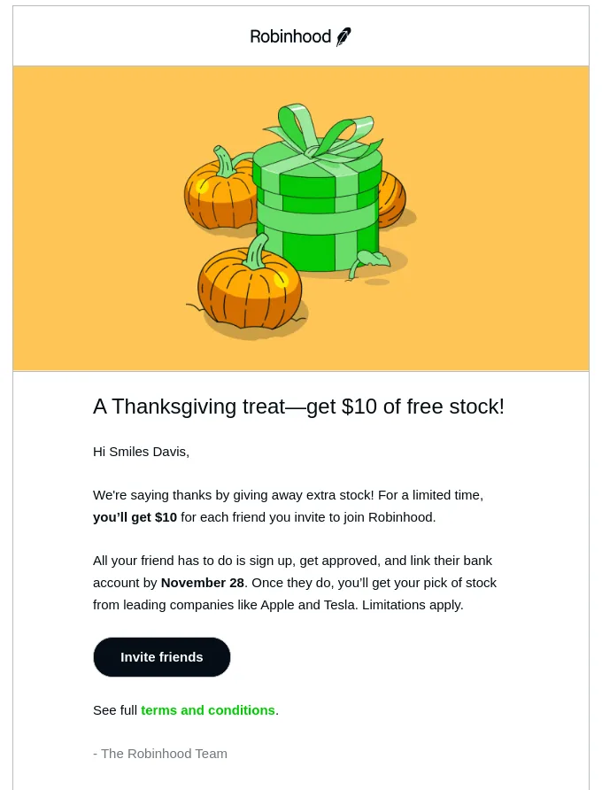 Thanksgiving referral email template by Robinhood