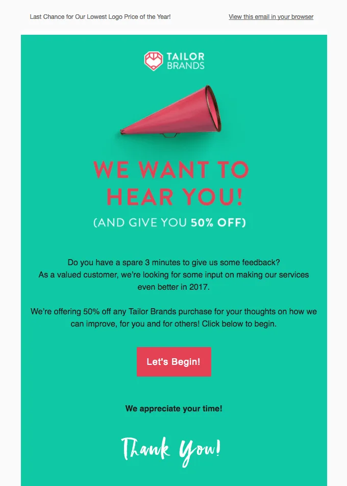 Beispiel einer Bewertungsanfrage von Tailor Brands mit 50% Rabatt auf die nächste Bestellung als Dank für das Feedback.