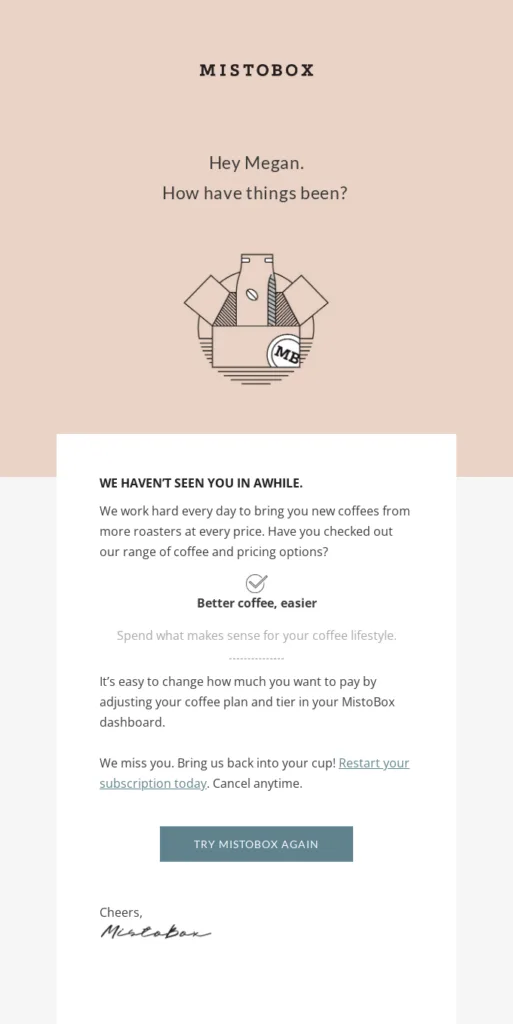 Email de reactivación personalizado de MistoBox que se dirige al suscriptor por su nombre.