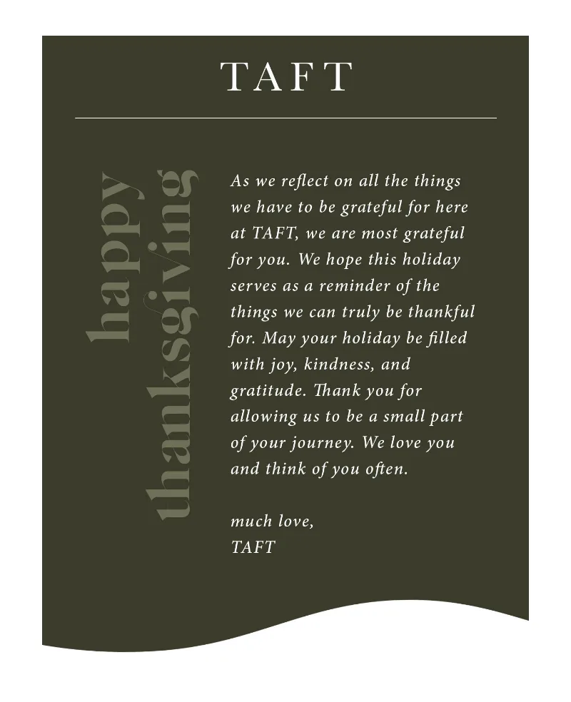 Plantilla de email de Acción de Gracias de Taft con una carta de agradecimiento al lector