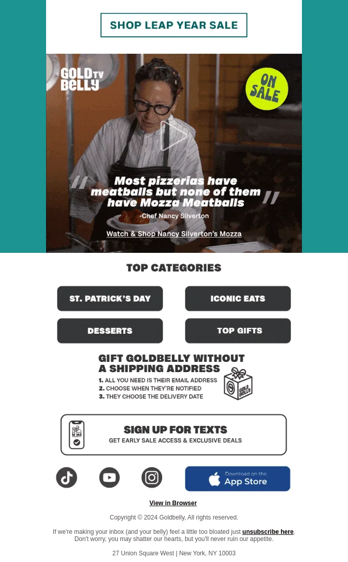 Inhaltsreicher Footer aus einer E-Mail von Goldbelly über Food-Angebote