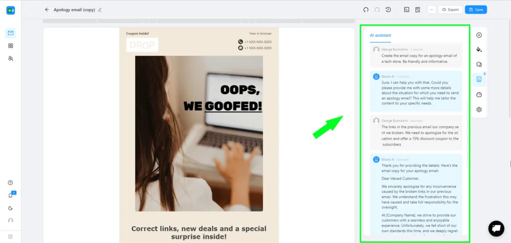 L’assistant IA de Blocks, dans le rôle d’un rédacteur, rédige le texte d’un e-mail d’excuses