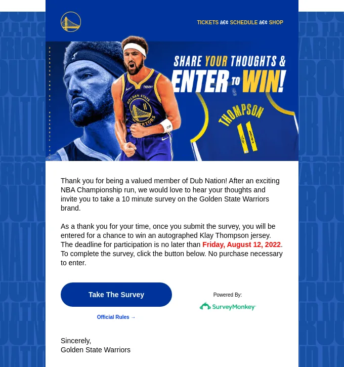 Survey email with a special offer by Golden State Warriors