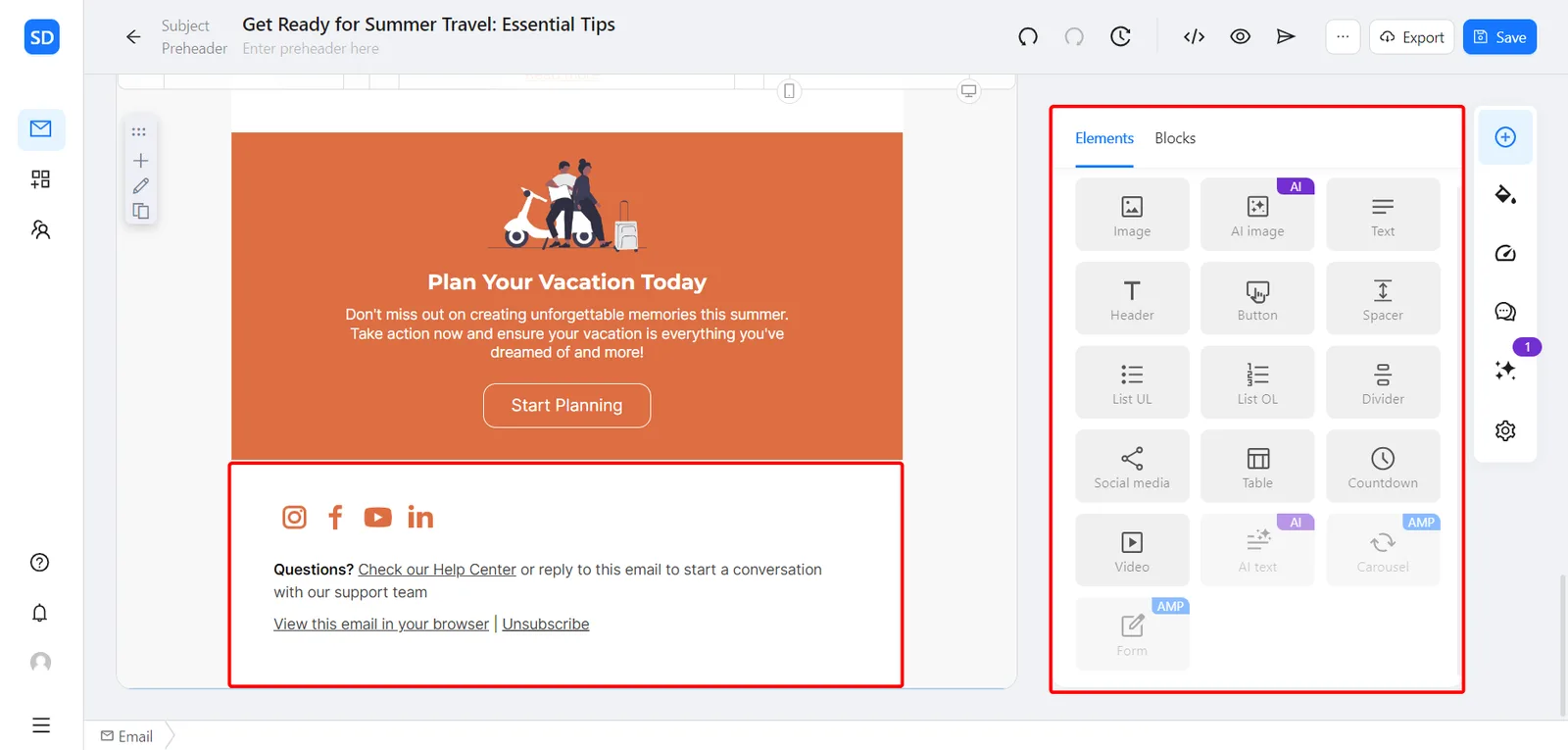 Blocks interface with outlined "Elements" section and the footer filled with different elements