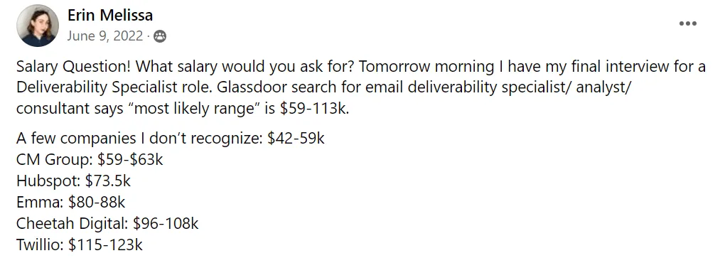 A post from a Facebook group about salaries in email marketing: small companies offer $42-59k; CM Group: $59-$63k; Hubspot: $73.5k; Emma: $80-88k; Cheetah Digital: $96-108k; Twilio: $115-123k