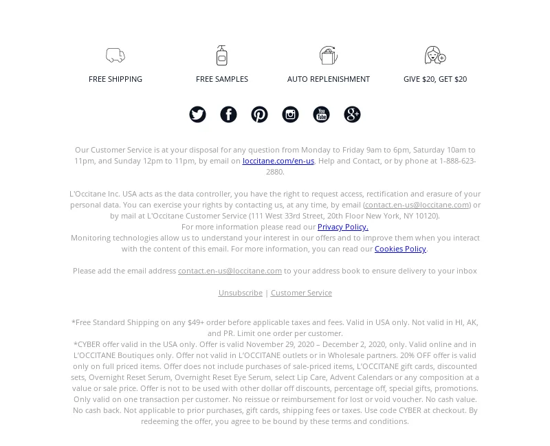 Example of an excessively long newsletter footer by L'Occitane USA