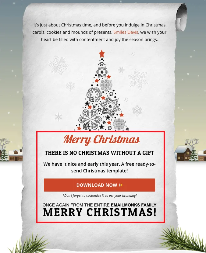 Christmas email template with 6 different fonts: Merry Christmas, there's no Christmas without a gift