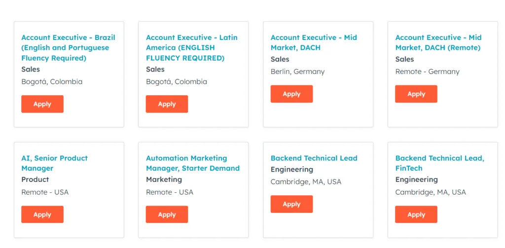 HubSpot career opportunities in sales, email marketing, engineering