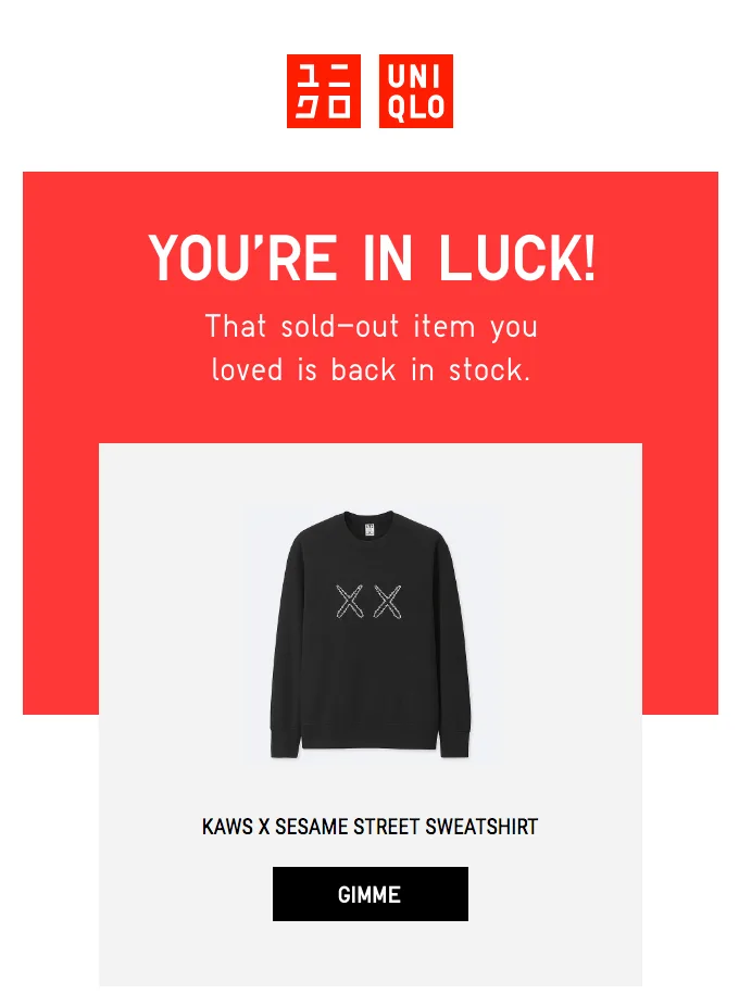 E-mail de volta ao estoque da Uniqlo com a chamada para ação “GIMME”.