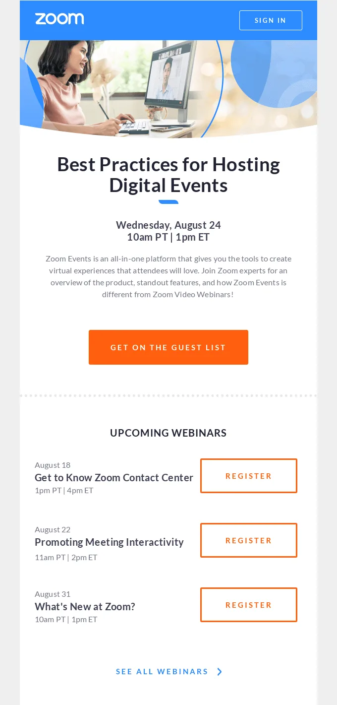 SaaS email example by Zoom that features 4 webinars and a CTA to explore all webinars.
