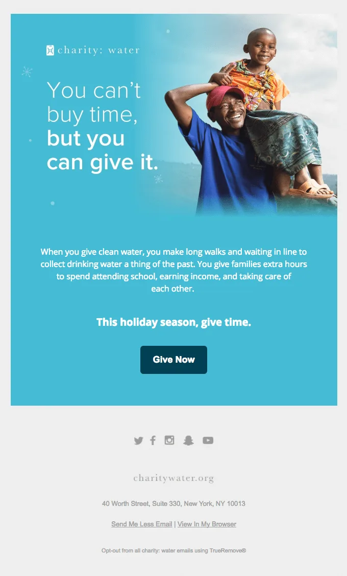 Email de recaudación de fondos de Charity Water con un texto muy emotivo