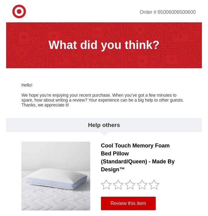 Beispiel einer Bewertungsanfrage von Target, die den Kunden direkt um eine Bewertung des letzten Kaufs bittet.