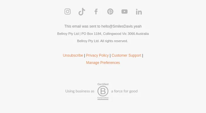 Email footer example by Bellroy showcasing different social media icons