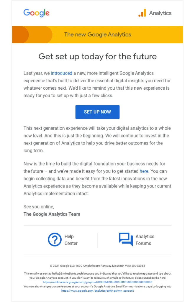 Erinnerungs-E-Mail von Google mit der Aufforderung, Google Analytics einzurichten