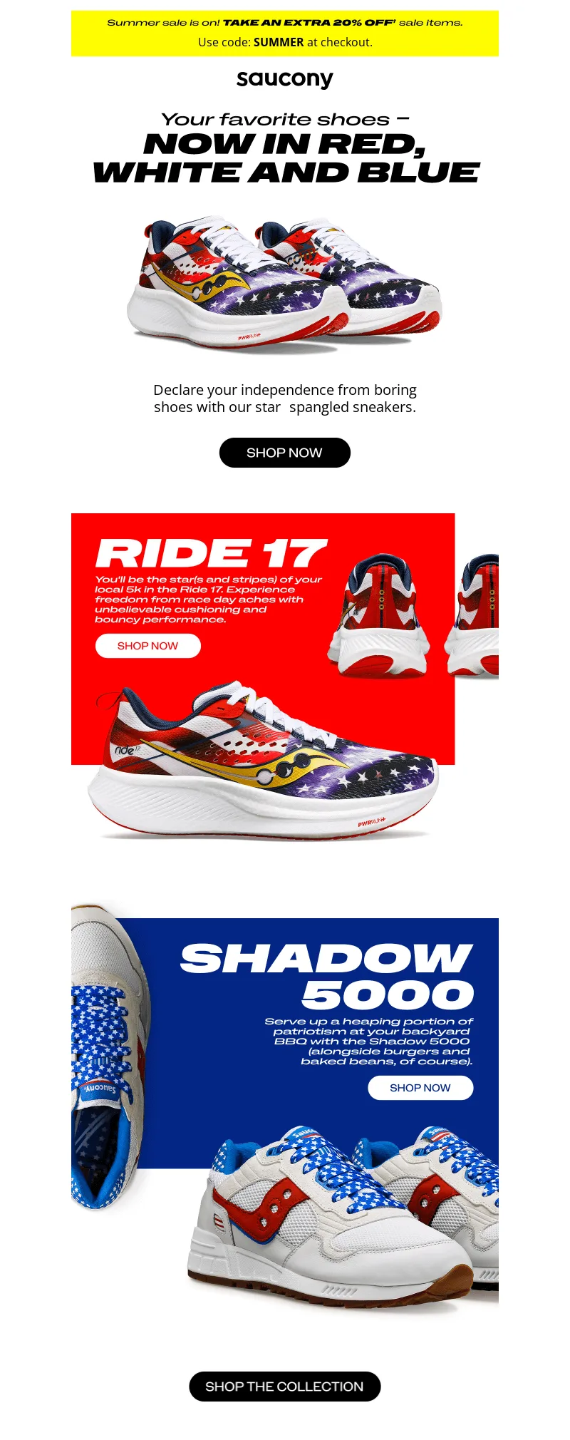E-Mail von Saucony zum 4. Juli mit Sneakern im Feiertagsdesign